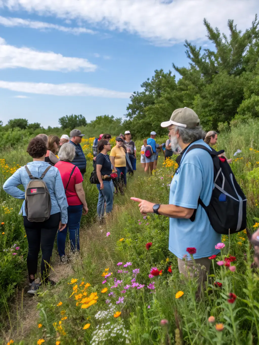 A group of community members participating in a conservation workshop outdoors, engaging with local wildlife experts.