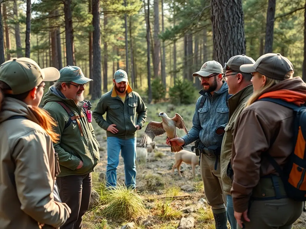 A group of community members participating in a conservation workshop outdoors, engaging with local wildlife experts. The scene captures the essence of the Community Engagement & Education program.
