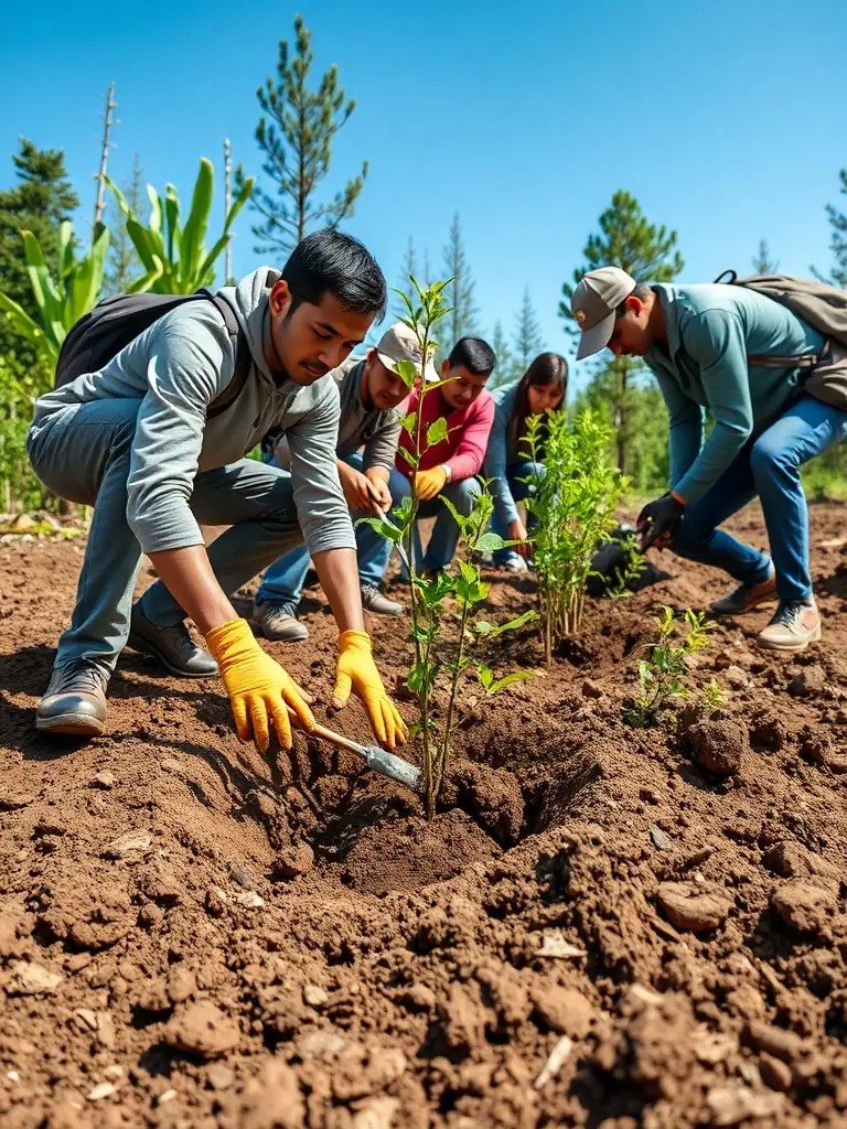 A photograph of volunteers planting native trees in a deforested area, illustrating the habitat restoration initiative of AMICALE DES CHASSEURS DE GENOUILLAC MAZIERES.