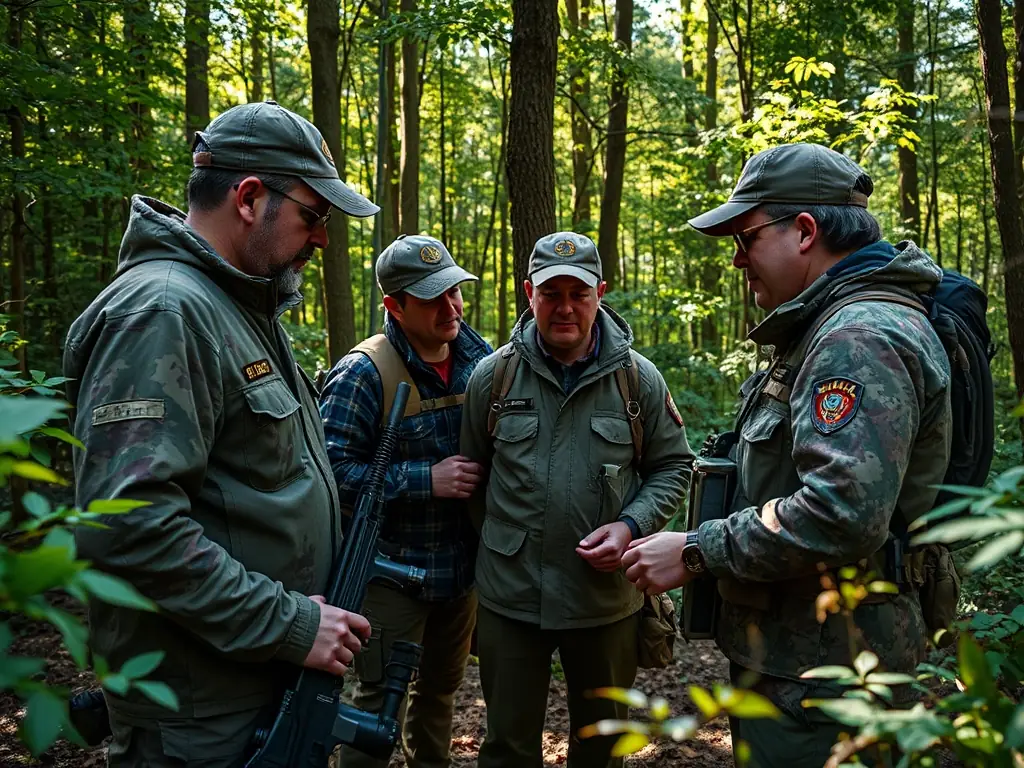 A night vision image showing a wildlife monitoring team equipped with cameras and sensors, tracking animal movements and preventing poaching activities in the region, as part of AMICALE DES CHASSEURS DE GENOUILLAC MAZIERES's efforts.