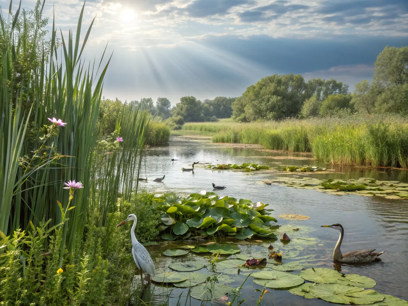 A lush, restored wetland area teeming with native flora and fauna, illustrating habitat improvement efforts. The image showcases the success of the Wildlife Habitat Management program in creating a thriving ecosystem.