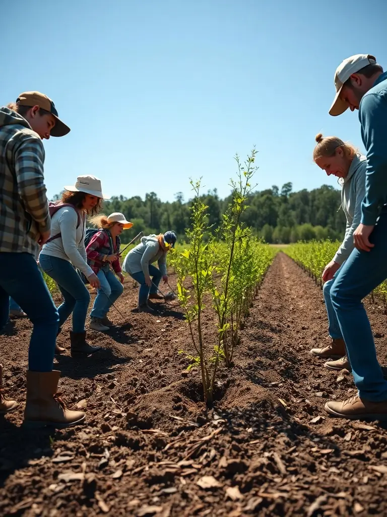 A diverse group of volunteers planting native trees in a deforested area, showcasing reforestation efforts.