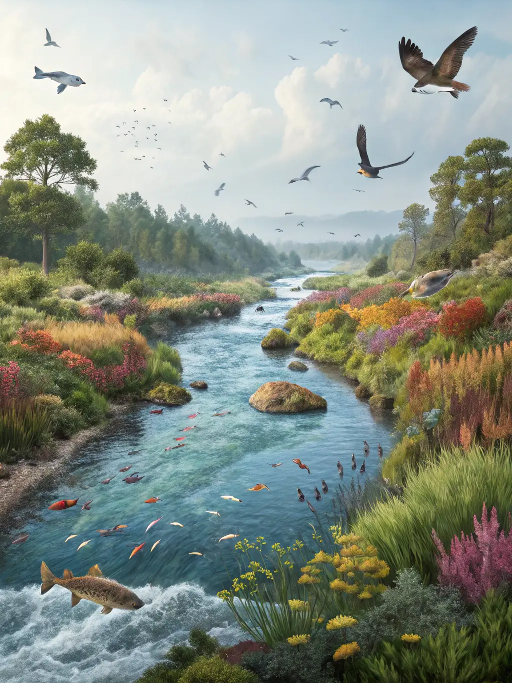 A lush, restored wetland area teeming with native flora and fauna, illustrating habitat improvement efforts.