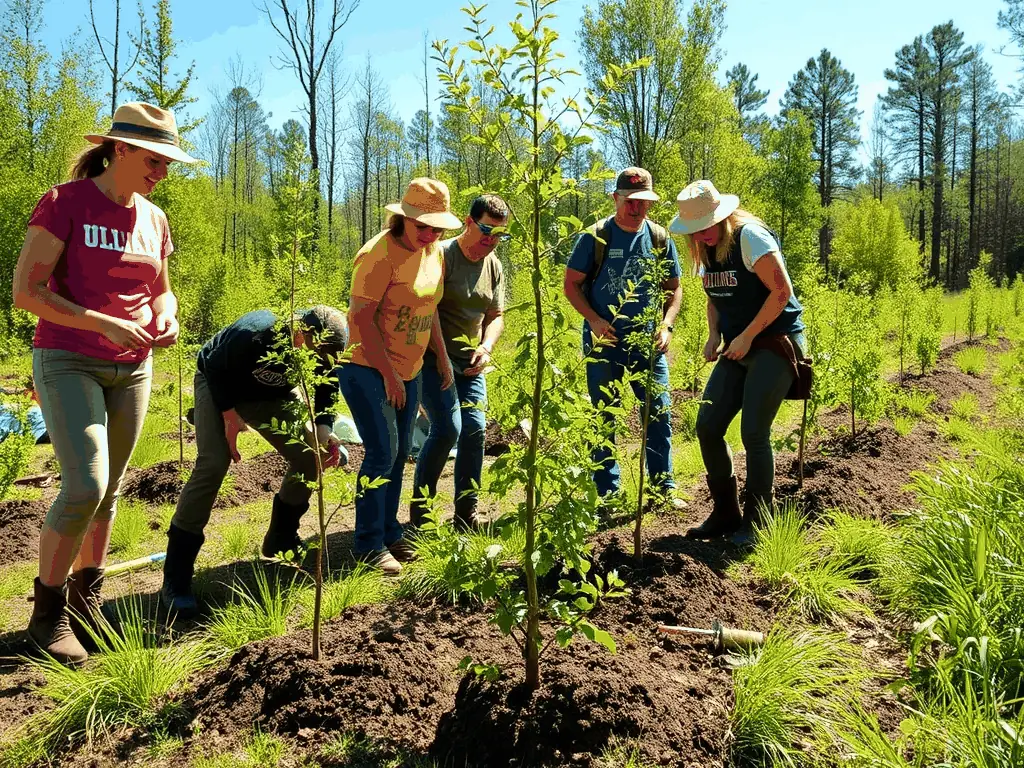 A serene landscape featuring a group of volunteers planting native trees along a riverbank, symbolizing habitat restoration efforts by AMICALE DES CHASSEURS DE GENOUILLAC MAZIERES.