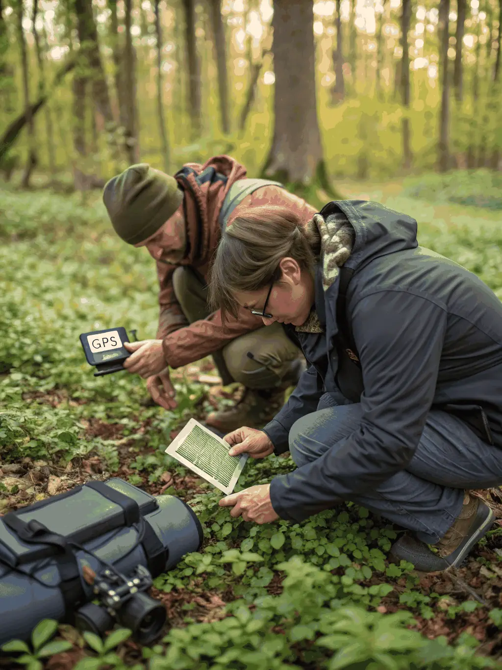 A wildlife monitoring team using GPS trackers to monitor the movement of deer in the forest, as part of AMICALE DES CHASSEURS DE GENOUILLAC MAZIERES's wildlife monitoring program.