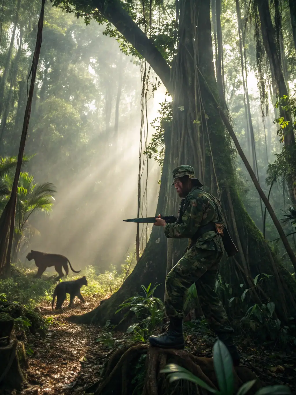 A ranger patrolling a forested area with binoculars, monitoring wildlife activity to prevent poaching.