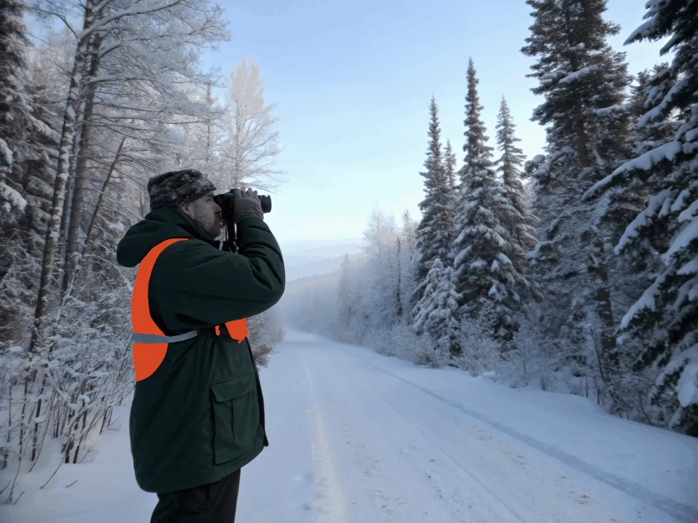 A ranger patrolling a forested area with binoculars, monitoring wildlife activity to prevent poaching. The image represents the vigilance of the Poaching Prevention & Wildlife Monitoring program.